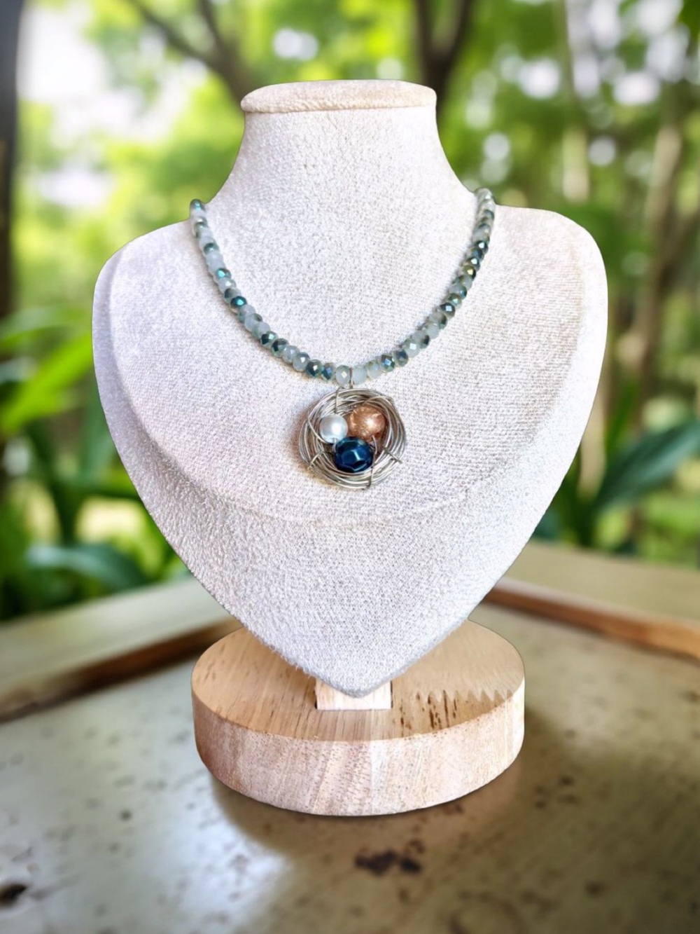 One of a kind Blue and Green Beaded Necklace with Multi-Tone Nest Pendant